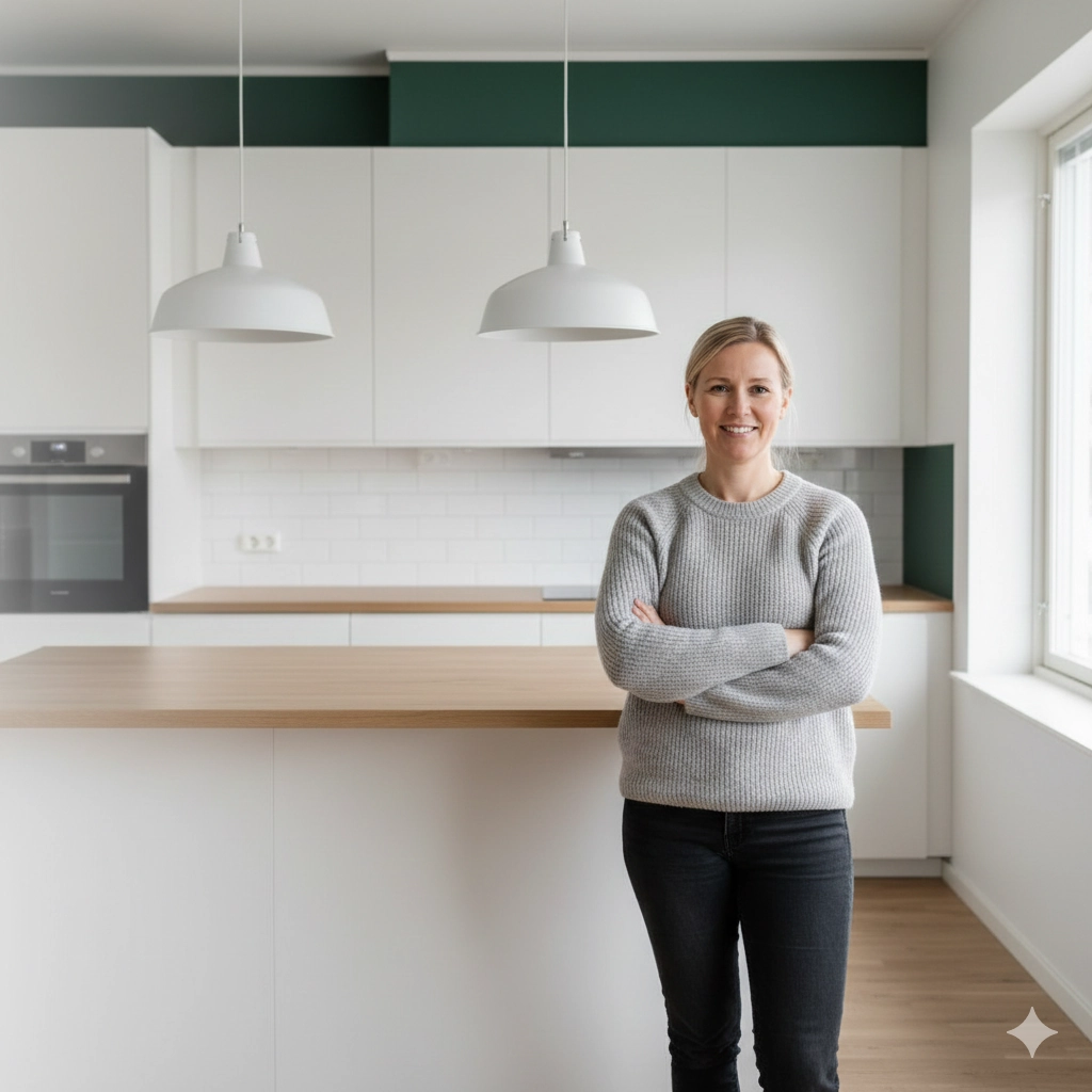 Nöjd boende i ett nyrenoverat, modernt kök