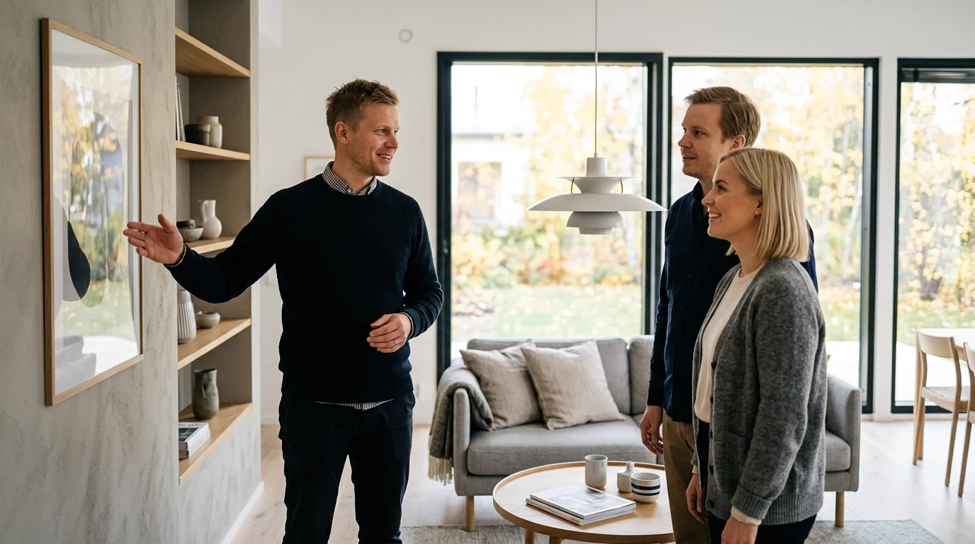 A professional presenting a finished, freshly renovated space to clients