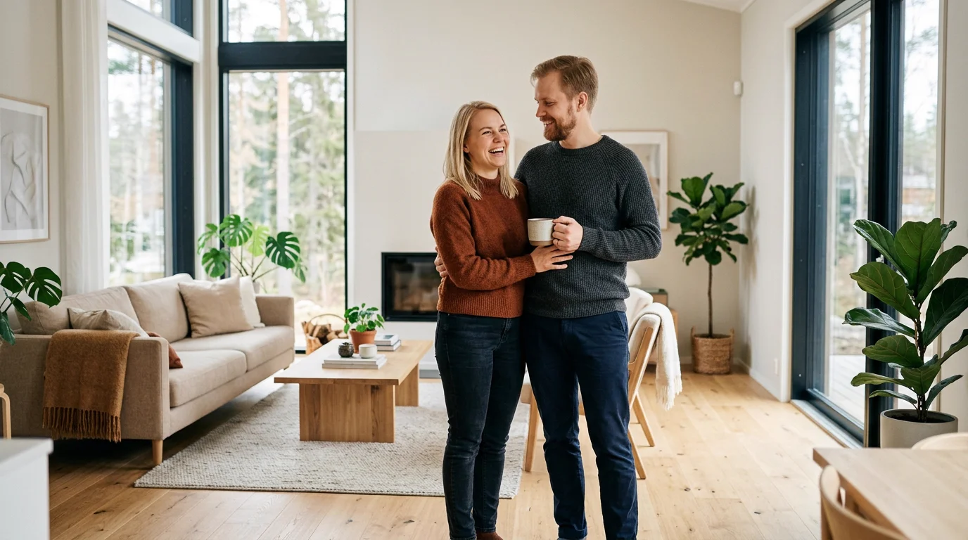 Smiling couple in the bright living room of their newly renovated home