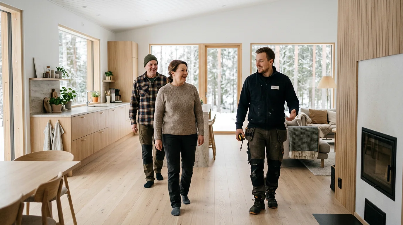 A contractor walks a couple through a bright wooden home during an on-site review