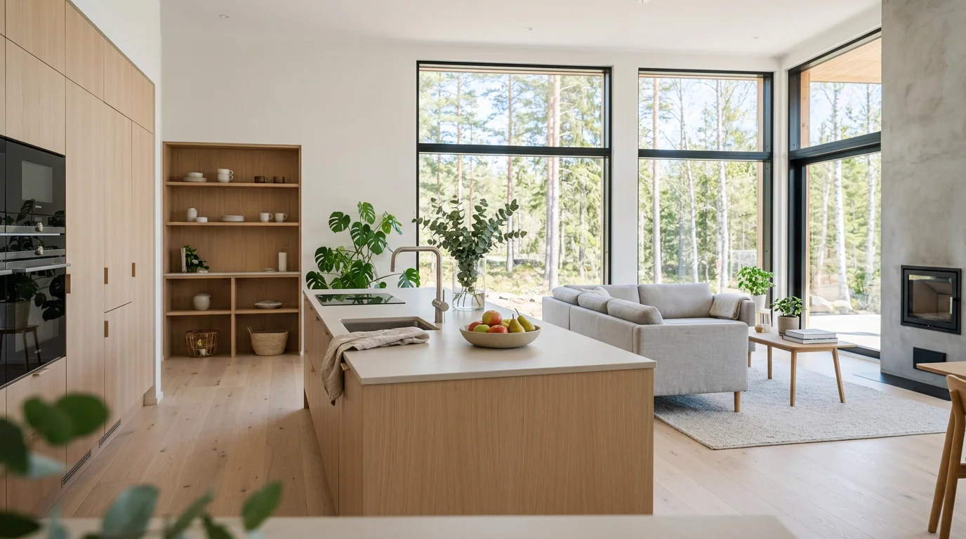 Bright modern kitchen and living room with large windows opening to a forest view