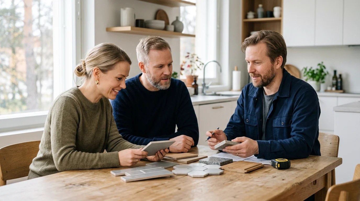 A couple and a contractor comparing tile and stone samples at a kitchen table