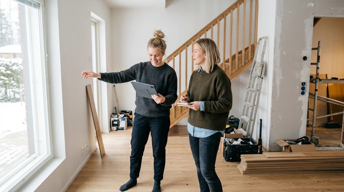 Two professionals planning a renovation with a tablet in a home under renovation